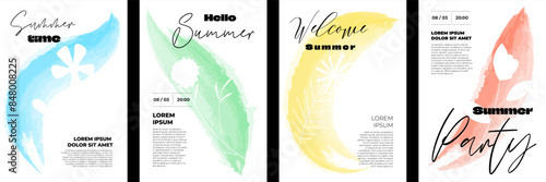 Welcome summer poster set with abstract flowers. Floral hand drawn watercolor art season hello festival placard. Summertime artistic paint brush print. Bright blooms banner. Herbal plants eps postcard