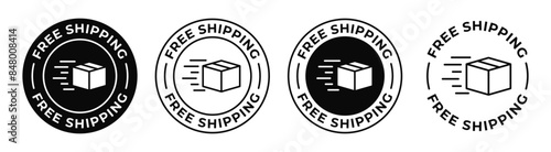Free shipping package badge. Free delivery box label. Shipping service stamp. Quick delivery vector illustration.