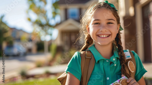 Smiling girl scout selling cookies door to door in a neighborhood