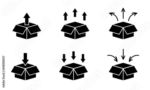 Box unpacking icon set. Take out or in from the box symbol. Open package vector illustration. Black box unpacking sign.