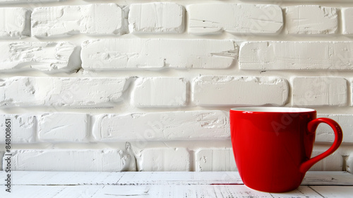 Red coffee mug on white rustic brick wall background photo
