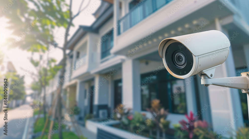 Outdoor security camera monitoring modern residential neighborhood Outdoor security camera monitoring modern residential neighborhood
