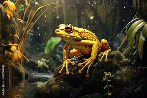A beautiful yellow majestic frog with large amber eyes sitting on a stone in the middle of a swamp. The concept of immortality, wealth and longevity, rare animal.  © Tatiana