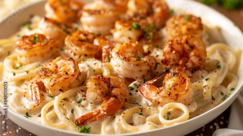 Shrimp Fettuccine Alfredo Pasta Close-Up. Creamy Louisiana Cajun Shrimp Alfredo