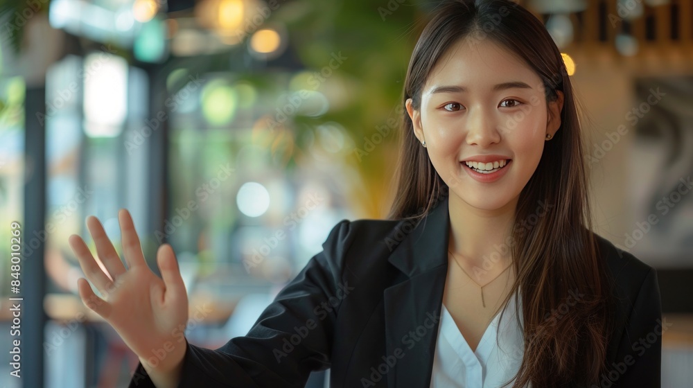 Asian Saleswoman Smiling and Welcoming Client Asian Saleswoman Smiling and Welcoming Client