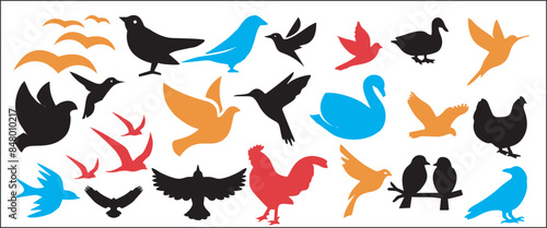 Print, collection of various black bird icons isolated on white background, set of bird vectors, Flying Birds Set Silhouette, bird Silhouette, collection of diverse birds in flight and perching ideal 