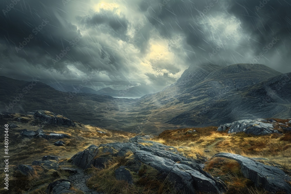 Naklejka premium Majestic Scotland Highlands Landscape Under Stormy Sky with Moody Atmosphere