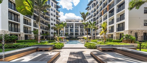 Architectural rendering of a modern residential complex with white and gray buildings, large windows, and outdoor pool area surrounded by palm trees and greenery.