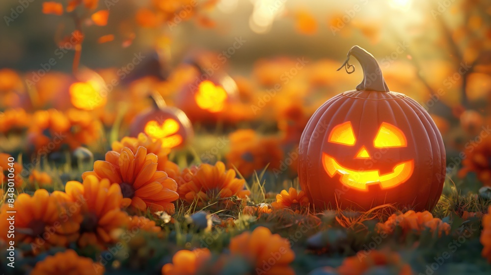Glowing Jack-o'-Lanterns in an Autumn Garden at Dusk Glowing Jack-o'-Lanterns in an Autumn Garden at Dusk