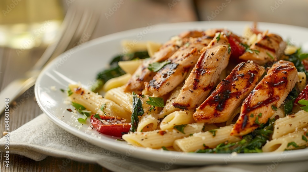 Grilled chicken over creamy spinach pasta on a white plate. Grilled chicken over creamy spinach pasta on a white plate.