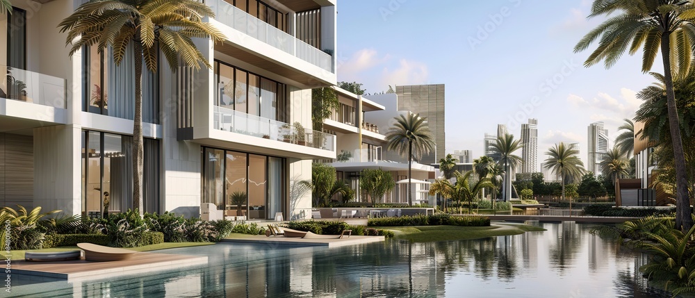 Architectural rendering of a modern residential complex with white and gray buildings, large windows, and outdoor pool area surrounded by palm trees and greenery. Architectural rendering of a modern residential complex with white and gray buildings, large windows, and outdoor pool area surrounded by palm trees and greenery.