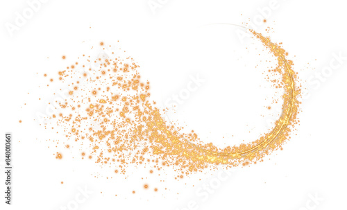 Golden dust, sparks and golden stars shine with special light. Trace of speed lines. Christmas light effect. Sparkling magic dust particles. PNG. 