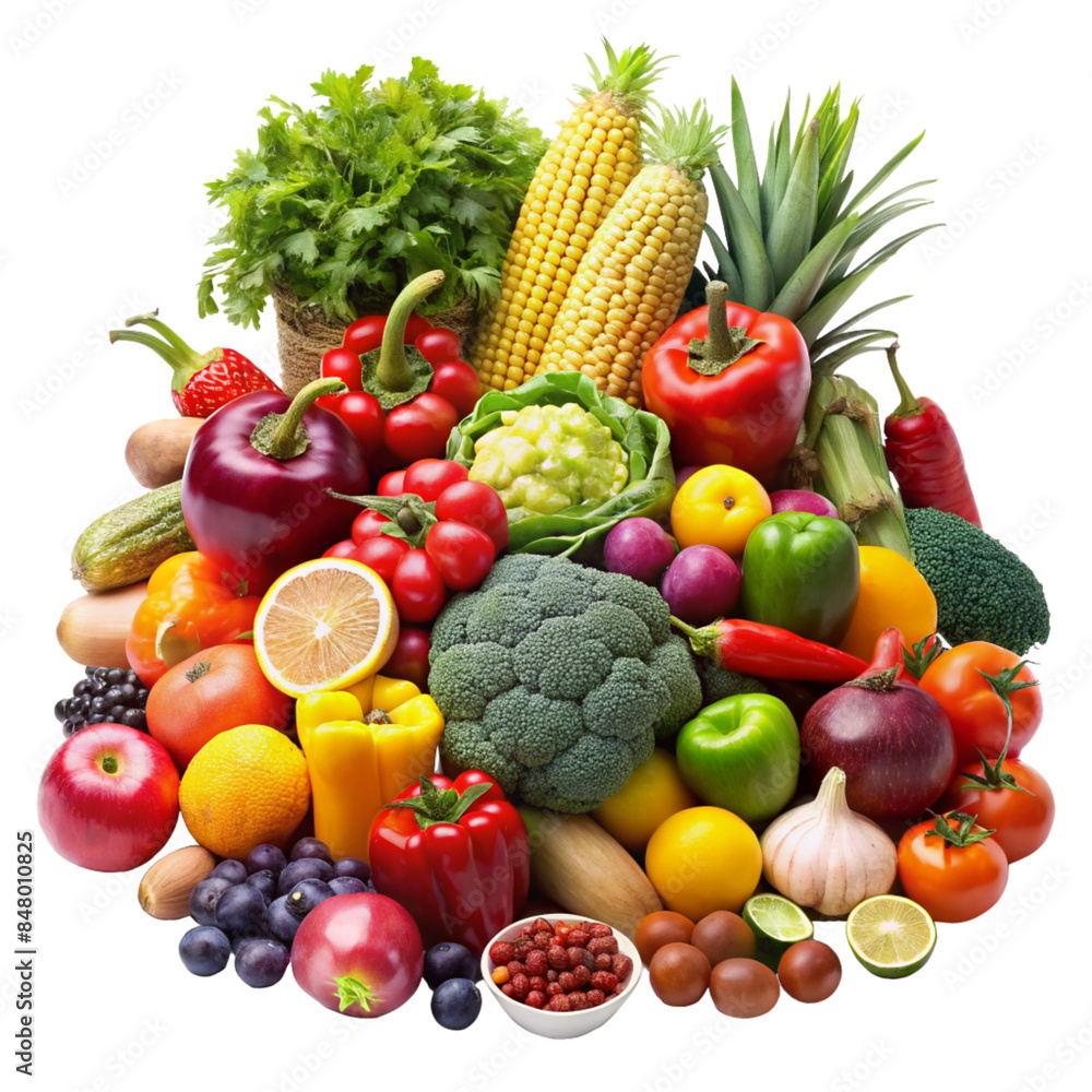Assorted Fruits and Vegetables Displayed on White Background. Fresh, Colorful Produce Arrangement Perfect for Healthy Eating Concepts and Nutritious Lifestyle. Assorted Fruits and Vegetables Displayed on White Background. Fresh, Colorful Produce Arrangement Perfect for Healthy Eating Concepts and Nutritious Lifestyle.