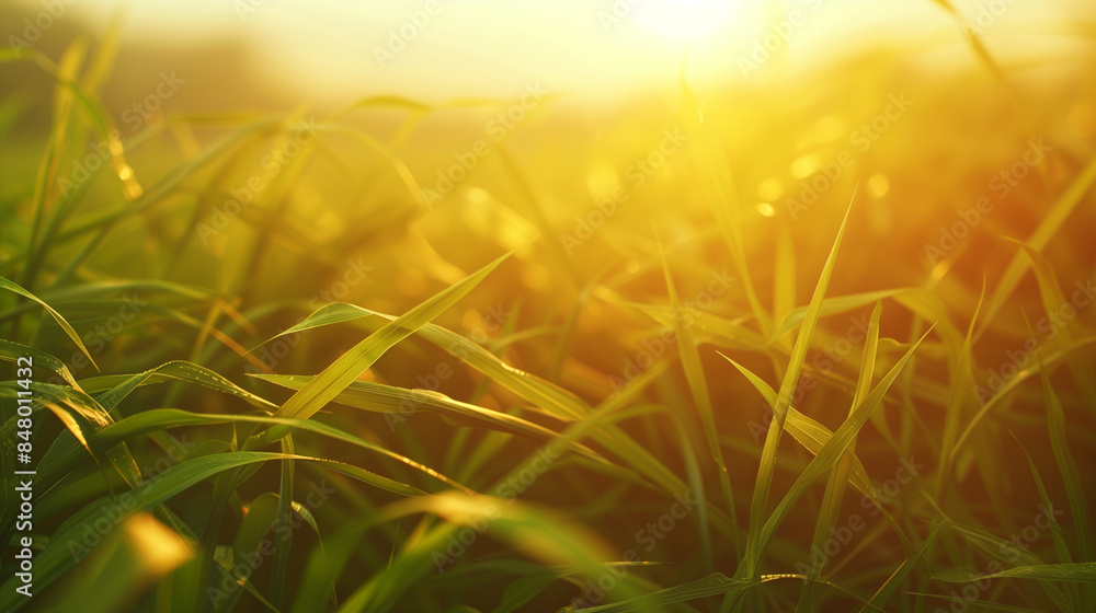 Sunlit Green Grass Blades in a Morning Field Sunlit Green Grass Blades in a Morning Field
