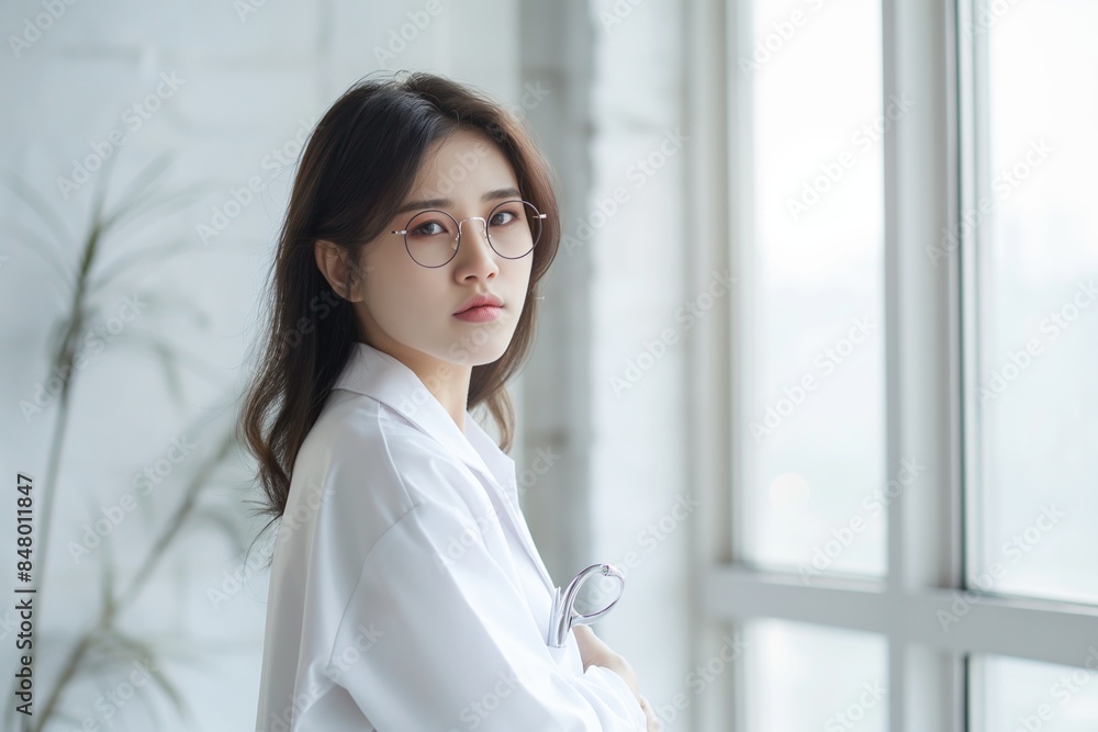 Thoughtful young woman wearing glasses and white coat looking out of a window, contemplating concept Thoughtful young woman wearing glasses and white coat looking out of a window, contemplating concept
