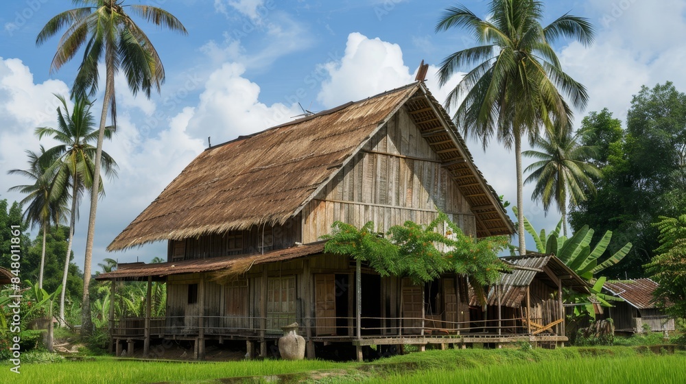 Traditional wooden house on stilts in tropical landscape. Traditional wooden house on stilts in tropical landscape.