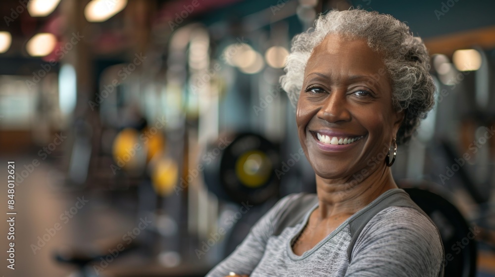 Elderly woman with grey curly hair smiling in a gym. Elderly woman with grey curly hair smiling in a gym.