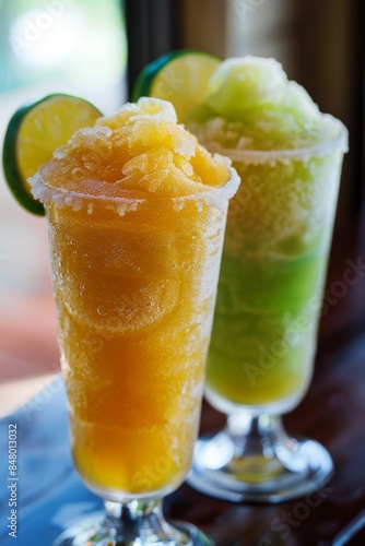 Two frozen drinks with lime slices in glasses. Close-up photography. photo