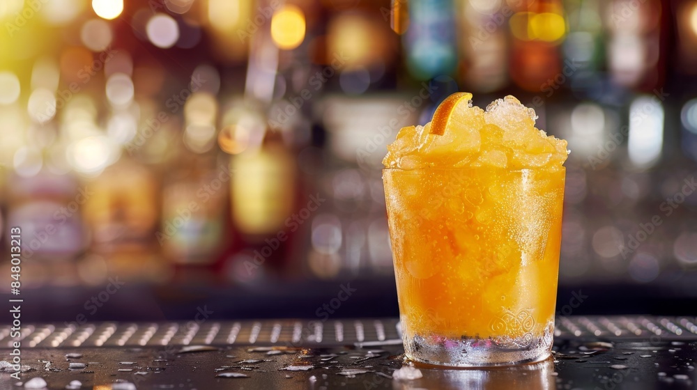 Frozen slushy cocktail in a glass surrounded by ice cubes on a bar countertop. Frozen slushy cocktail in a glass surrounded by ice cubes on a bar countertop.