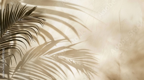 Fototapeta Naklejka Na Ścianę i Meble -  Shadow of palm leaf on beige background. Abstract nature background