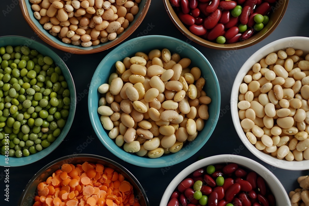 Legumes in white bowls. View from above. Legumes in white bowls. View from above.