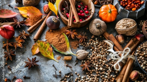 Fototapeta Naklejka Na Ścianę i Meble -  A collection of fall spices like cinnamon, nutmeg, and cloves alongside seasonal treats. 