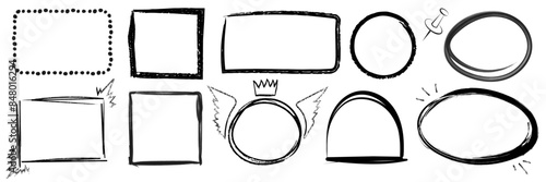 Set of grunge stencil frames with splatters, hand drawn and halftone elements. Texting boxes. Vector template collection isolated on white background.