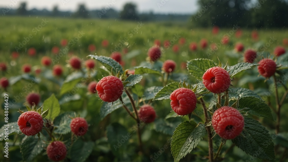 Ripe raspberries on bushes in a dewy field Ripe raspberries on bushes in a dewy field