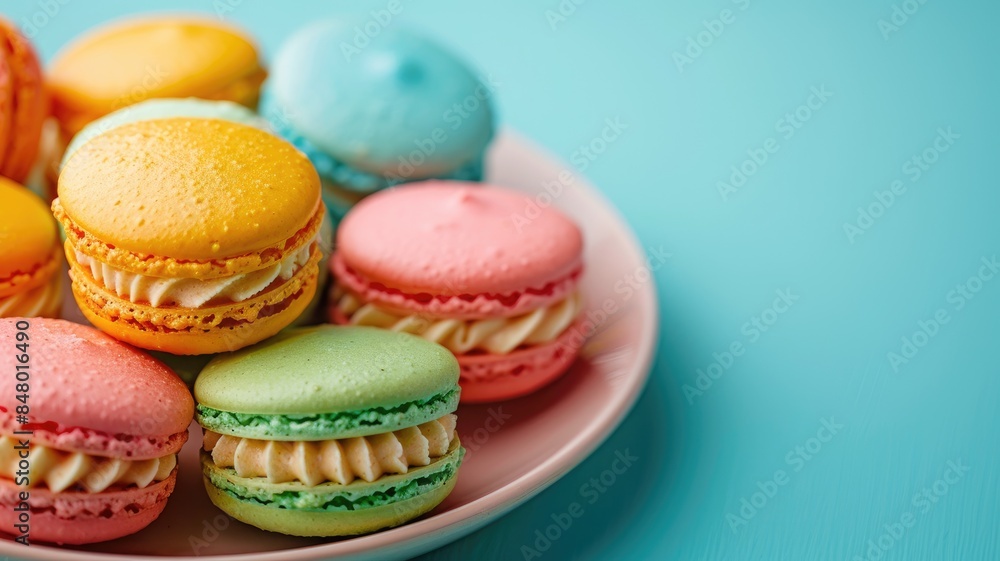 Fototapeta premium Colorful macarons on plate against blue background