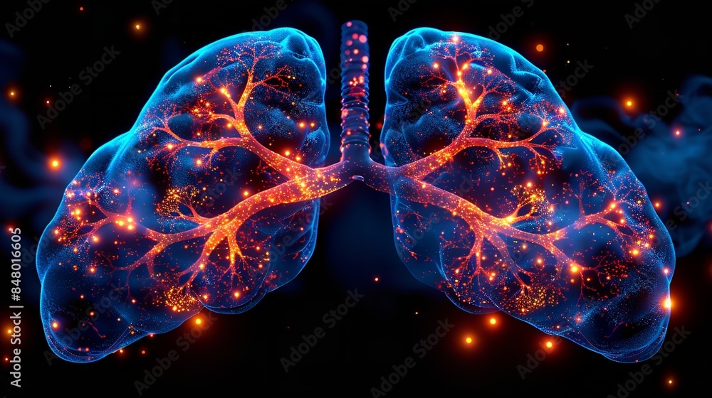 A digital illustration of human lungs showcasing the intricate branching airways and blood vessels, represented in red and blue A digital illustration of human lungs showcasing the intricate branching airways and blood vessels, represented in red and blue