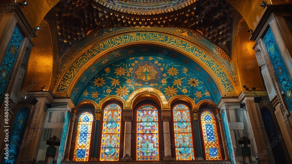View of synagogue interior with mosaic artwork and stained glass View of synagogue interior with mosaic artwork and stained glass