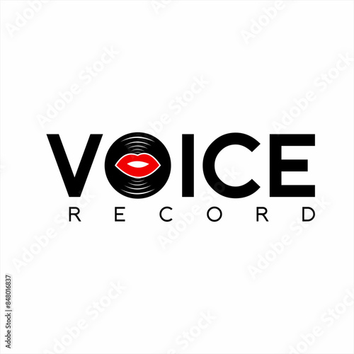Design of the word "Voice Record" with an illustration of a vinyl record and lips on the letter O.