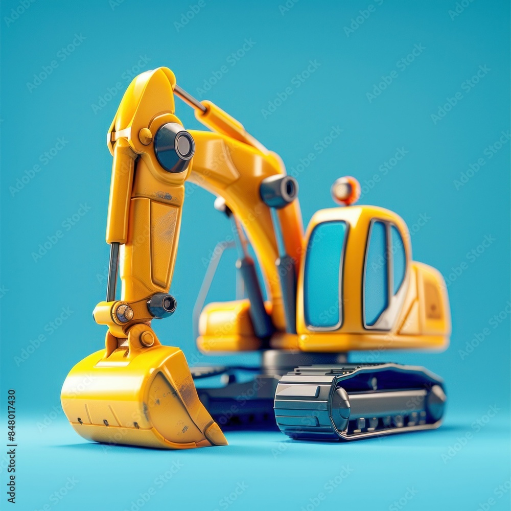Obraz premium Cartoon Yellow Excavator Toy on Blue Background. Generative ai