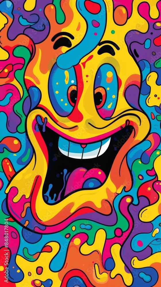 Colorful cartoon character with psychedelic design smiling and showing tongue Colorful cartoon character with psychedelic design smiling and showing tongue