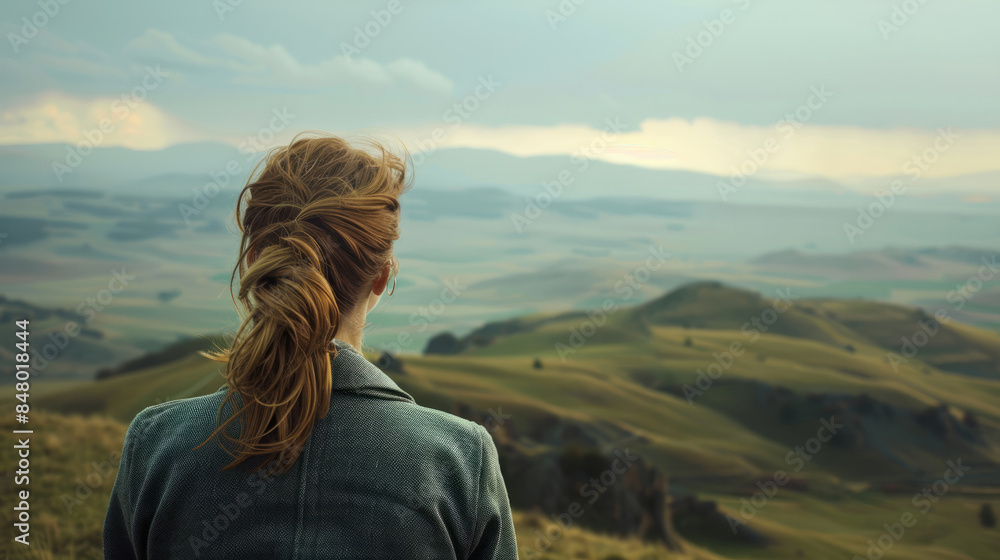 Woman looking at a vast landscape with rolling hills Woman looking at a vast landscape with rolling hills