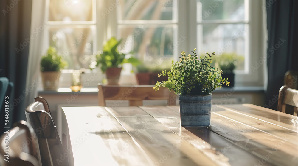 Wooden table with empty chairs and small plants by window Wooden table with empty chairs and small plants by window
