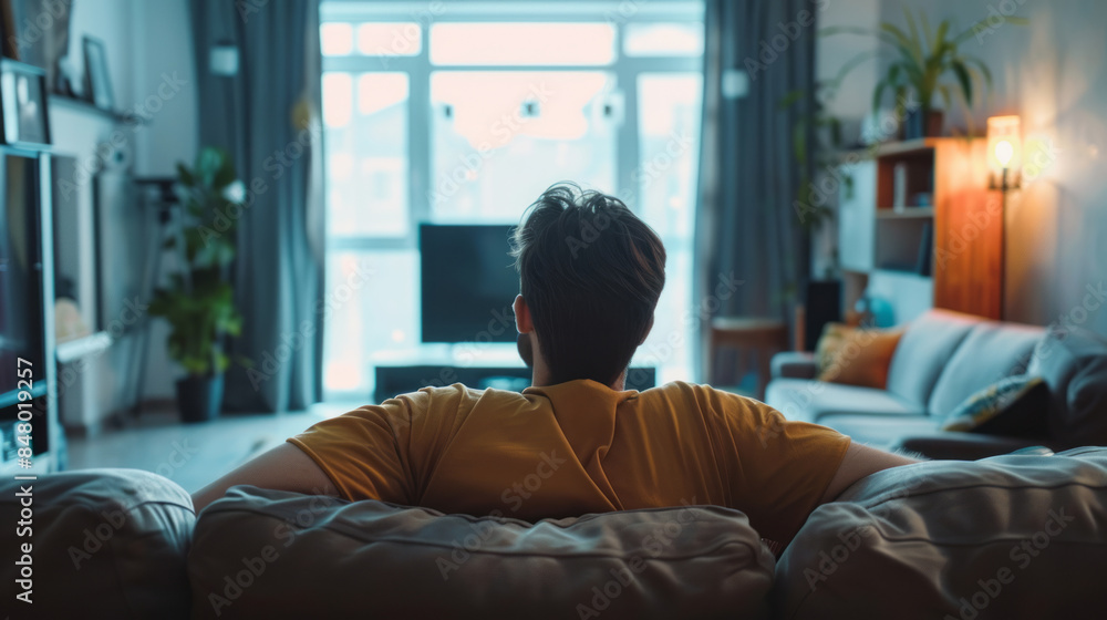 Young man watching TV on a comfortable sofa in modern living room Young man watching TV on a comfortable sofa in modern living room