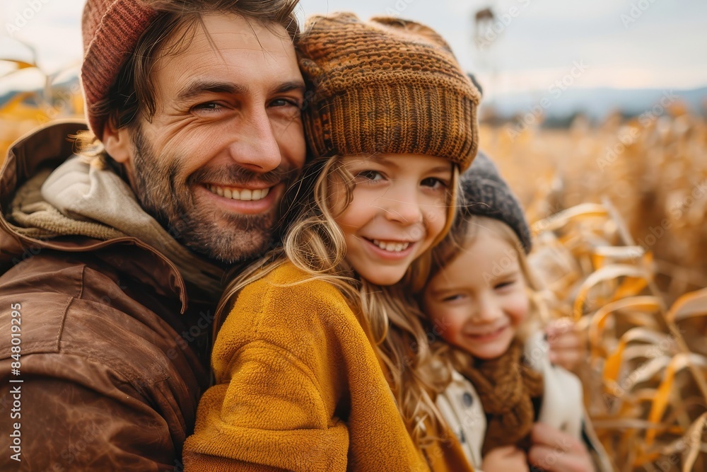 Cheerful family with two kids wearing warm autumn clothes hugging in a golden cornfield during fall season Cheerful family with two kids wearing warm autumn clothes hugging in a golden cornfield during fall season