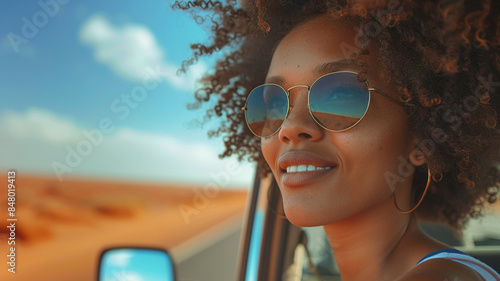 Black woman on road, enjoying window view of desert and traveling in suv on holiday road trip of South Africa. Travel adventure drive, happy summer vacation and explore freedom of nature in the sun. photo