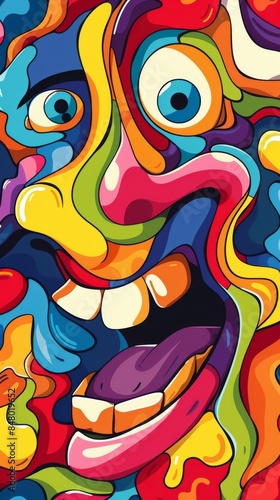 Colorful abstract face showing tongue with big eyes and teeth © Denys