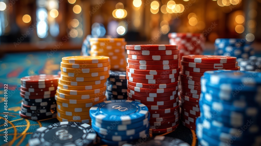 Colorful poker chips arranged in stacks on a casino table, with a vibrant and lively background, capturing the essence of the gambling experience. Colorful poker chips arranged in stacks on a casino table, with a vibrant and lively background, capturing the essence of the gambling experience.