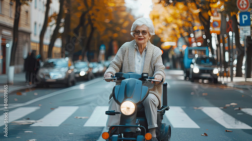 An elderly woman on a scooter rides around the city photo