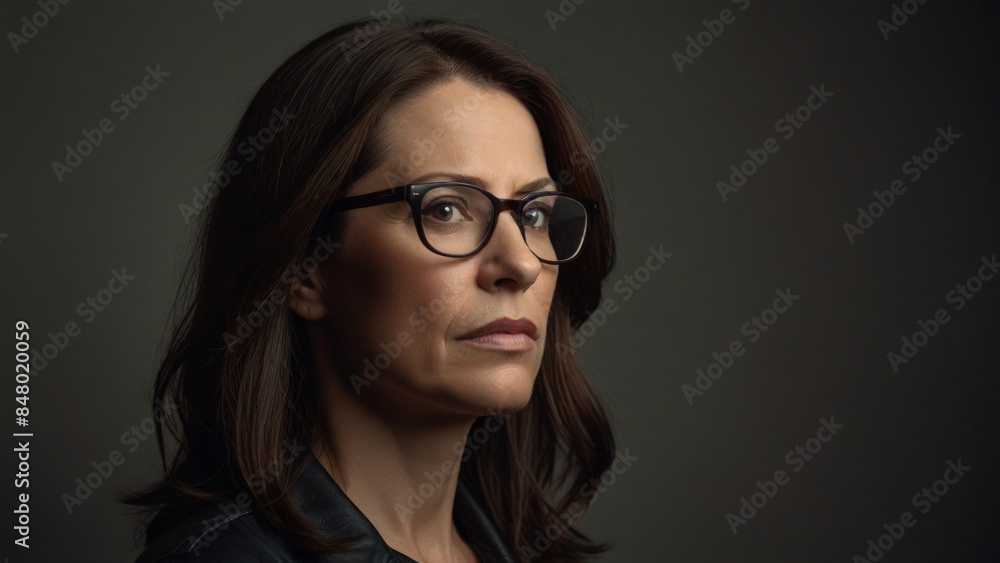 Serious woman with glasses in dark background Serious woman with glasses in dark background