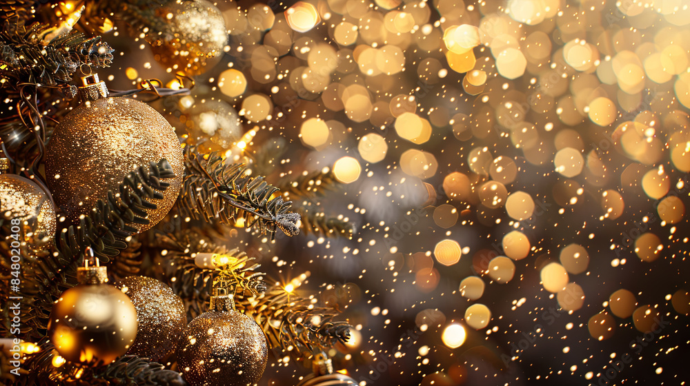 Christmas background with fir tree, balls and golden bokeh Christmas background with fir tree, balls and golden bokeh