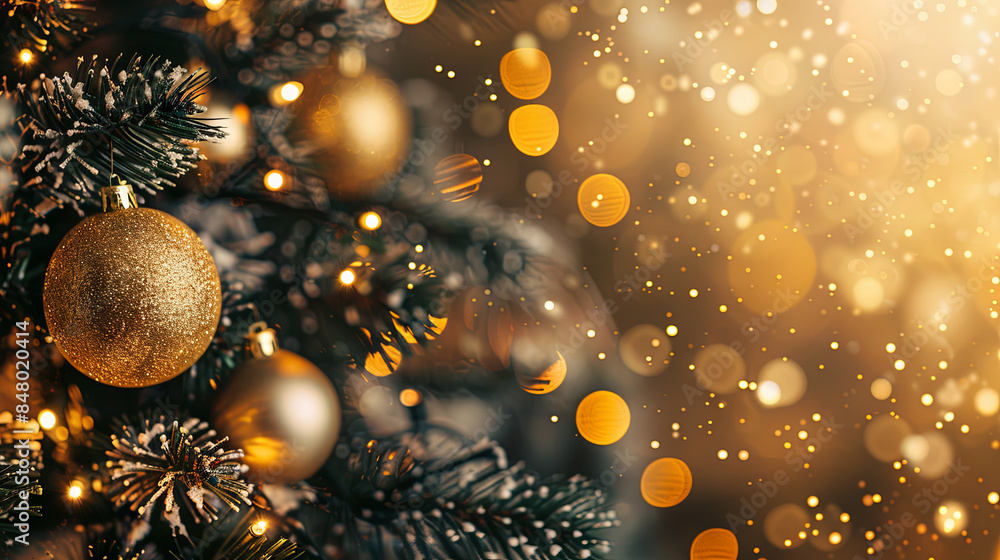 Christmas background with fir tree, balls and golden bokeh Christmas background with fir tree, balls and golden bokeh