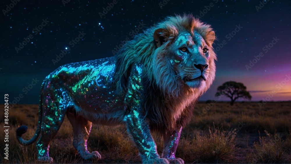 Naklejka premium Iridescent Lion Under Starry Night Sky
