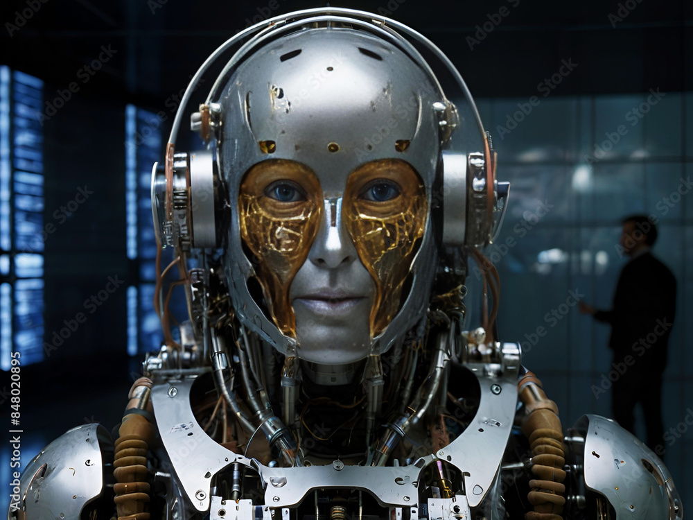 Futuristic robot portrait featuring human body and advanced mind upload technology Futuristic robot portrait featuring human body and advanced mind upload technology