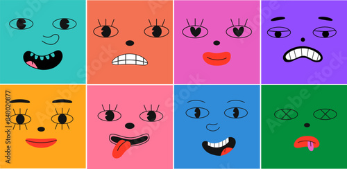 Set face cartoon mood. Various people face funny emotions. Colorful set of avatar designs, modern flat cartoon character collection in simple doodle style for psychological concept