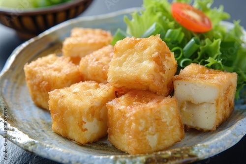 Crispy fried tofu cubes served on a plate with fresh vegetables. Delicious vegetarian snack perfect for any meal. © tonstock