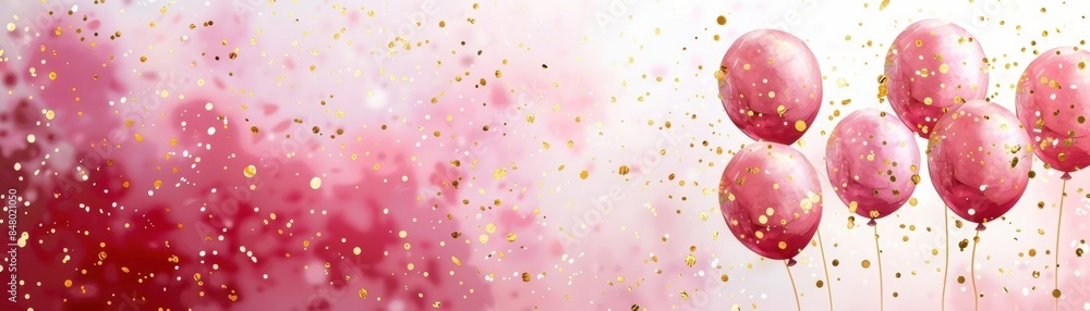 A festive celebration background with pink balloons, gold confetti, and a vibrant pink gradient. Perfect for party invitations, greetings, and festive designs. A festive celebration background with pink balloons, gold confetti, and a vibrant pink gradient. Perfect for party invitations, greetings, and festive designs.